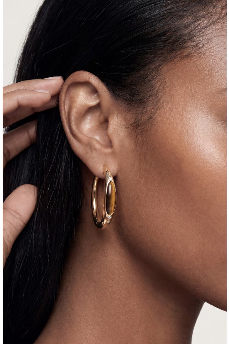 Solstice 18k Gold Plated Tiger Eye Hoop Earrings, Alternate, color, TIGERS EYE