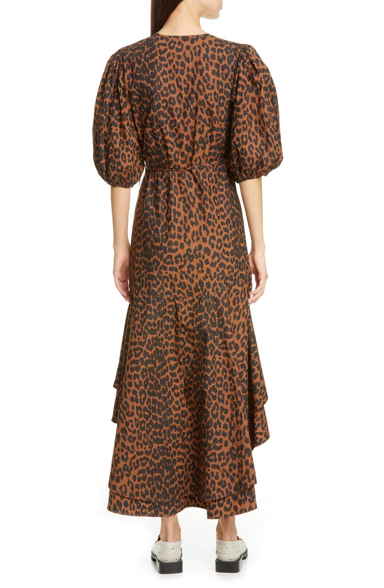 Ganni Puff Sleeve Organic Cotton High/Low Wrap Dress, Alternate, color, 