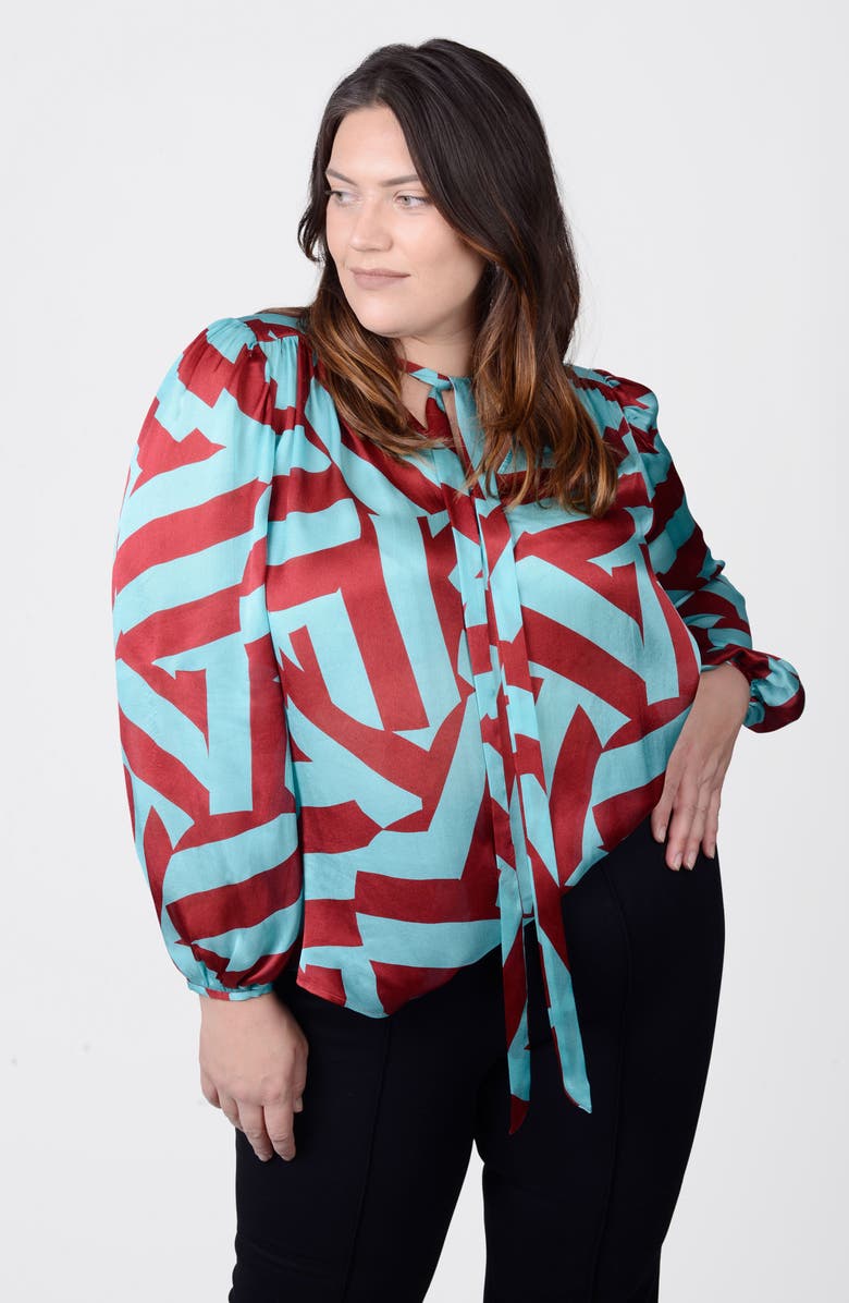 MAYES NYC Rosen Tie Neck Puff Shoulder Blouse, Alternate, color, Circle Stripes