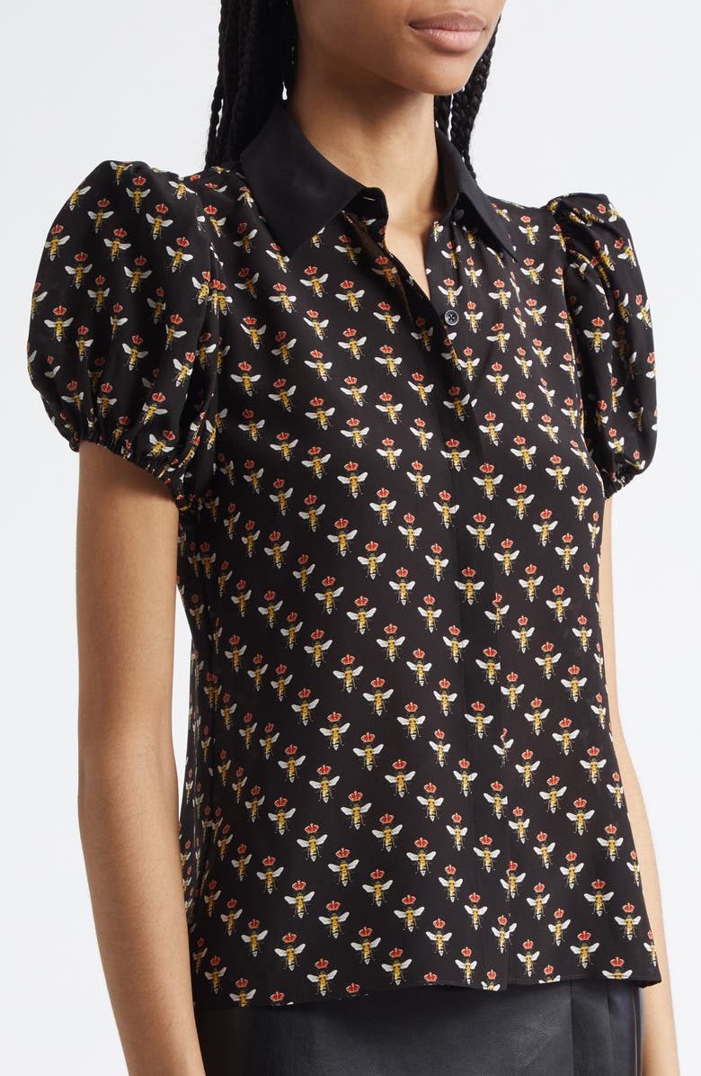Alice + Olivia Willa Puff Sleeve Silk Shirt, Alternate, color, 