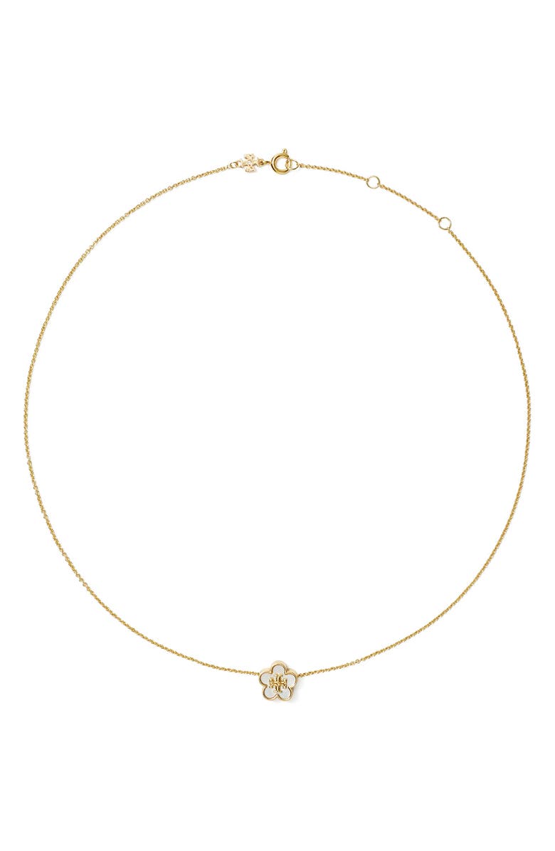 Tory Burch Forget Me Not Mother of Pearl Pendant Necklace, Main, color, Tory Gold / Mother Of Pearl
