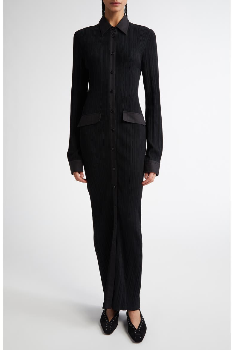 Long Sleeve Rib Maxi Shirtdress, Main, color, BLACK