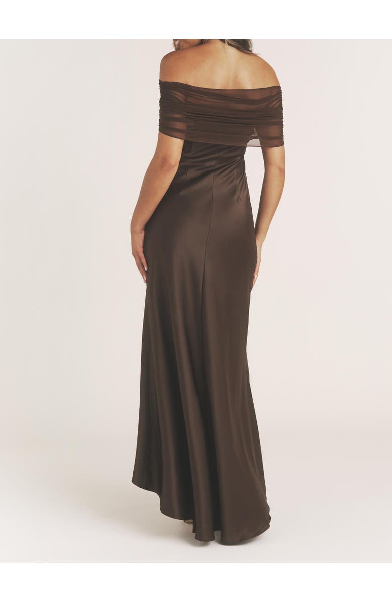 Six Stories Bardot Detail Satin Midaxi Dress, Alternate, color, Mocha