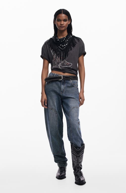 Desigual Cowboy Boot Embellished Cotton Graphic T-shirt In Dark Gray