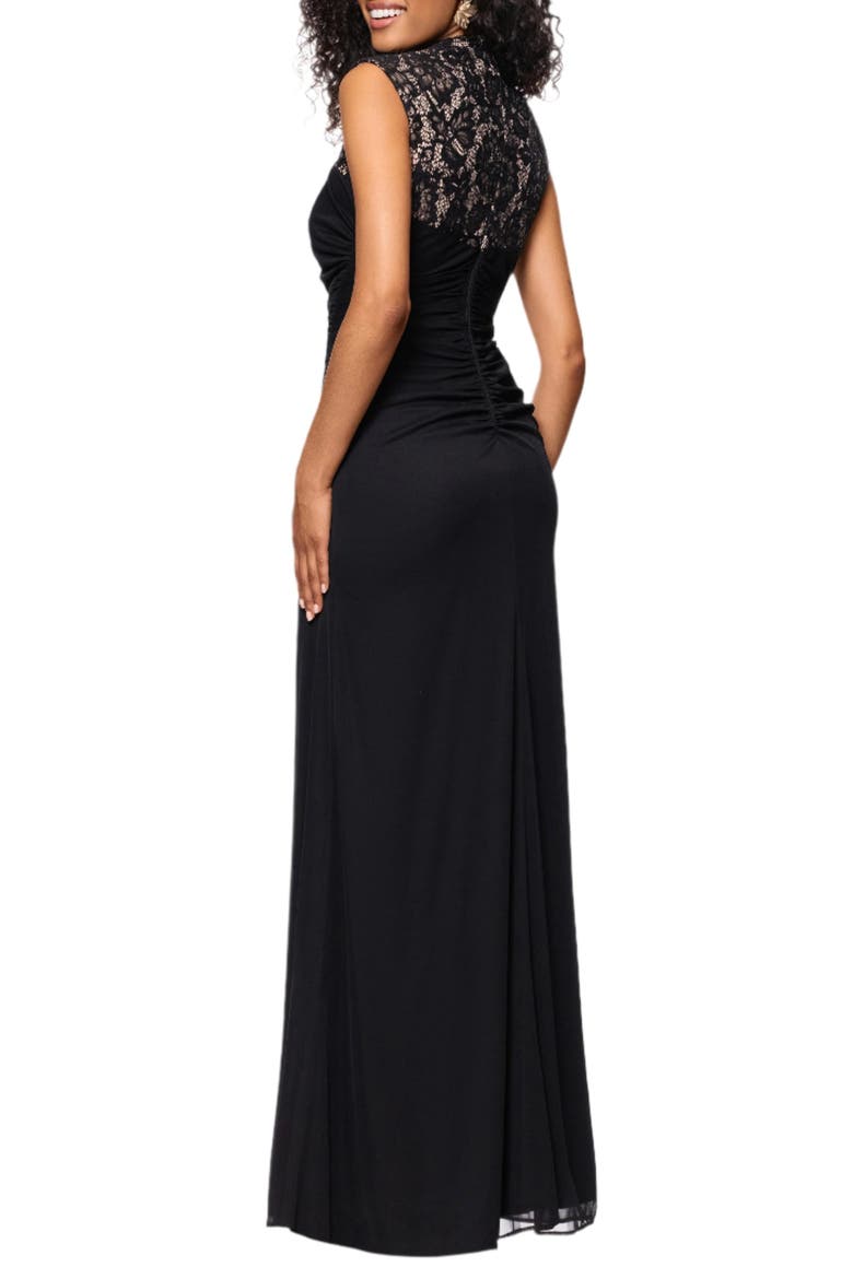 Lace Detail Mixed Media Ruched Gown, Alternate, color, BLACK/ NUDE