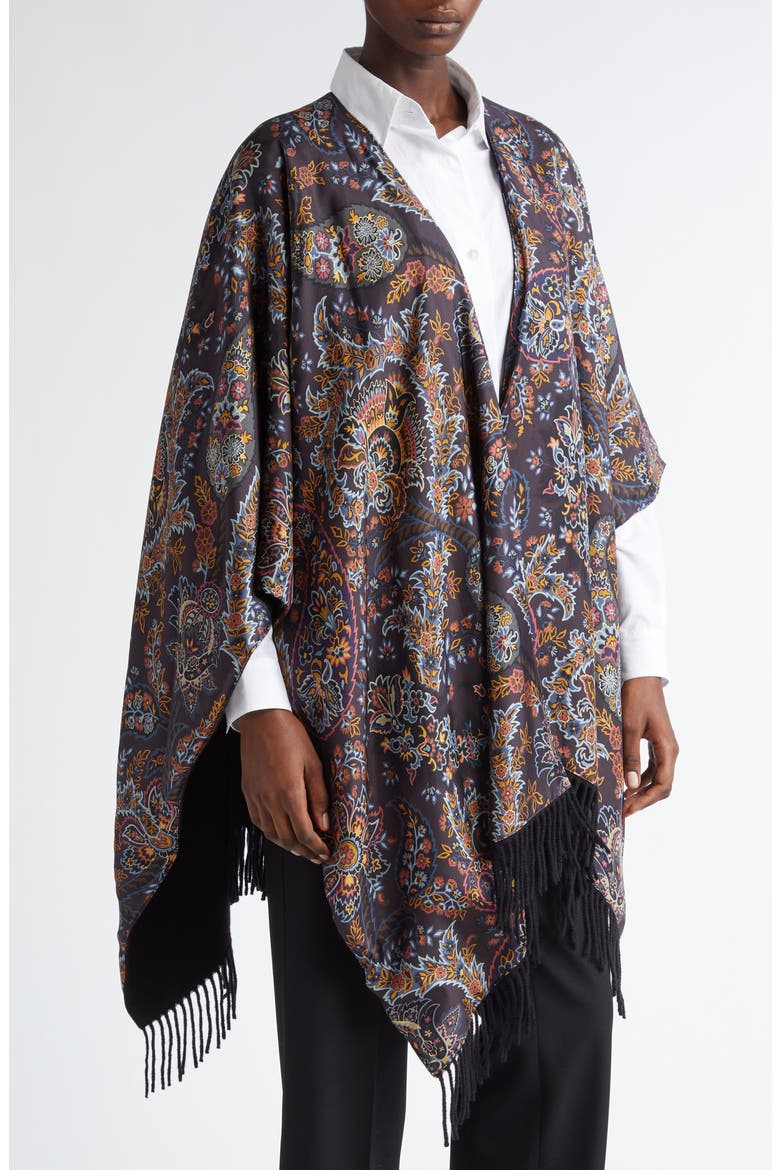 Paisley Fringe Trim Wool Ruana, Alternate, color, PRINT/ BLACK