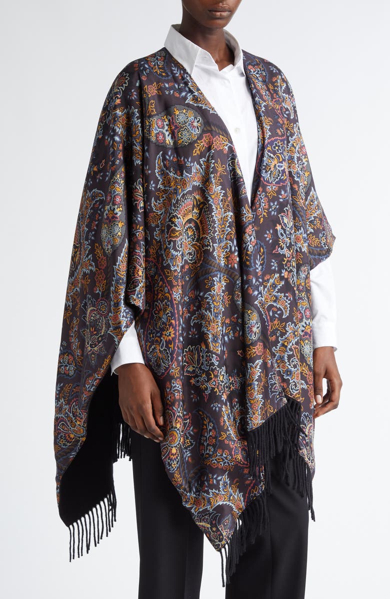 Etro Paisley Fringe Trim Wool Ruana, Alternate, color,