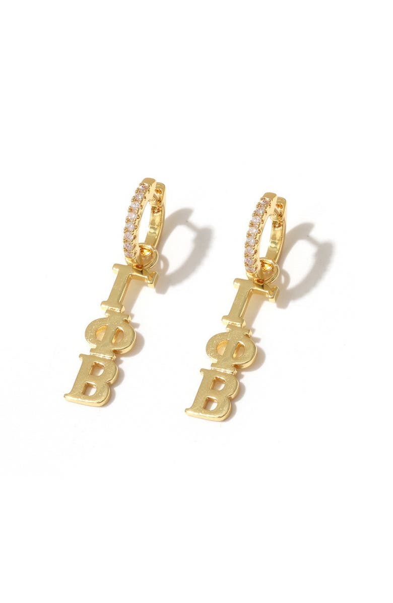 Color Shout Gamma Phi Beta Greek Letter Huggie + Charm Earrings, Main, color, Yellow Gold
