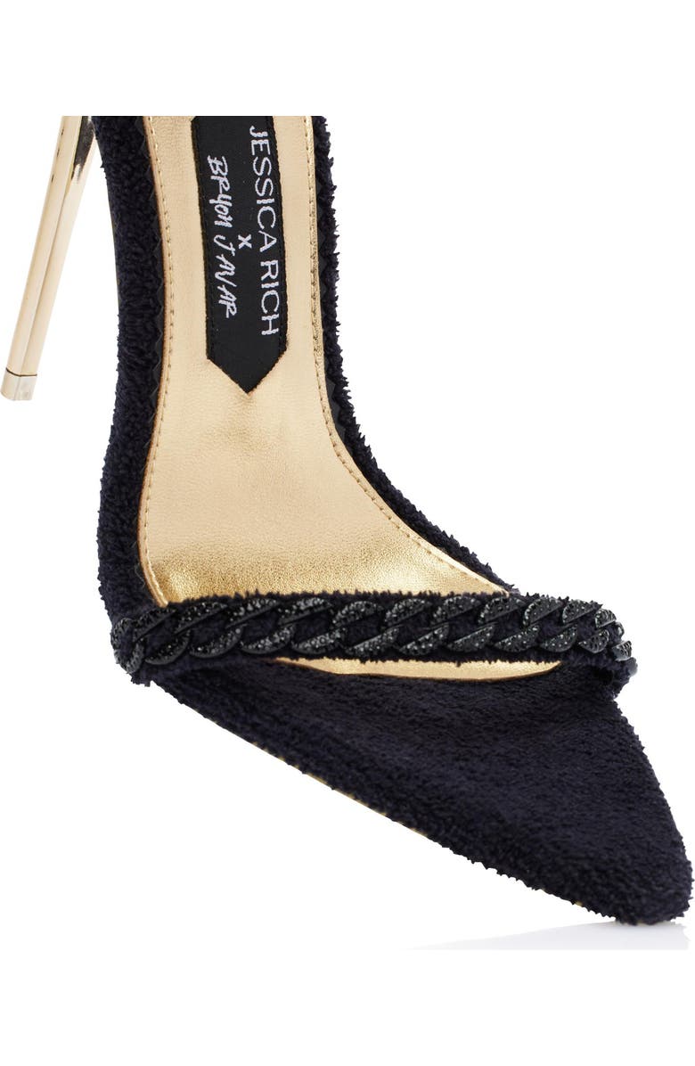 JESSICA RICH This iconic line of must-have heels blends elegance with modern flair, offering the perfect statement piece for any wardrobe. One of the most unique designs in this collection is The Lisa Sandal. This shoe is equal parts cozy and classy with its terry cloth fabric and monochromatic diamanté chain embellishments., Alternate, color, Noir