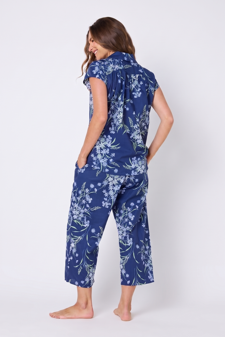 Floral Pima Cotton Short-Sleeved Capri Pajama Set, Alternate, color, Garden Posy Navy