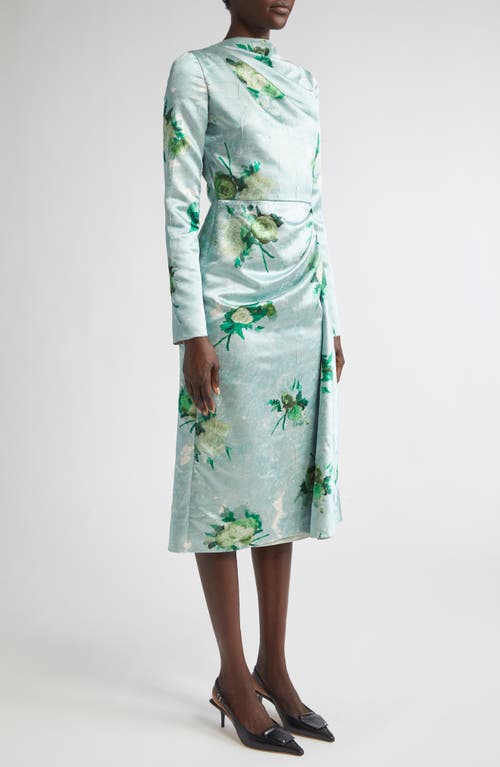 Erdem Abstract Rose Print Draped Long Sleeve Satin Midi Dress In Green
