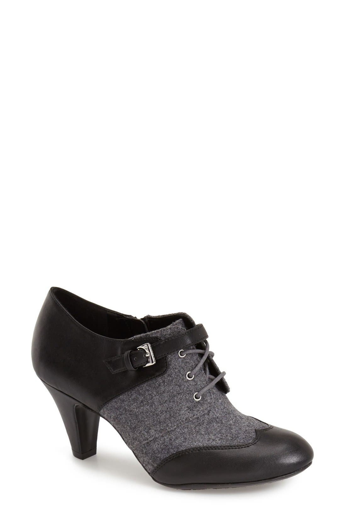 'Bettina' Lace-Up Bootie, Main, color, BLACK/ FLANNEL FABRIC