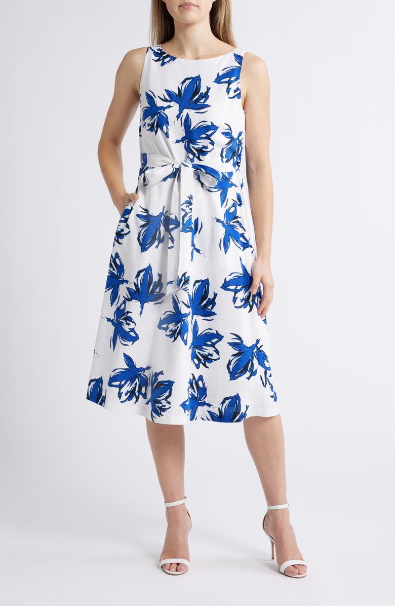 Anne Klein Floral Sleeveless Linen Blend Dress, Main, color, 