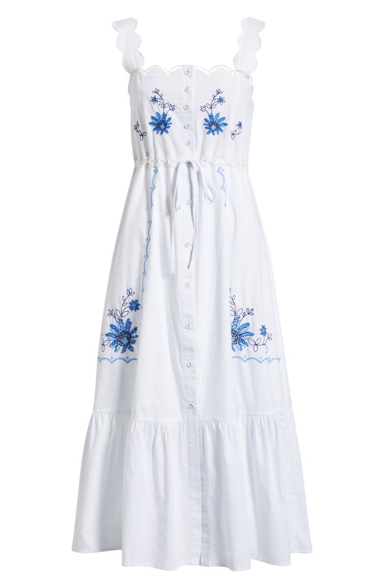 MOON RIVER Floral Embroidery Detail Cotton Dress, Alternate, color, Off White/ Blue