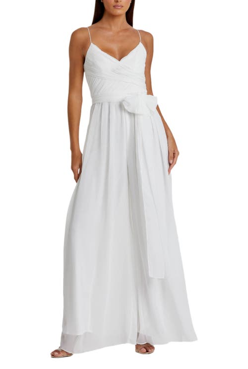 Mac Duggal Flowy Faux Wrap Jumpsuit In White
