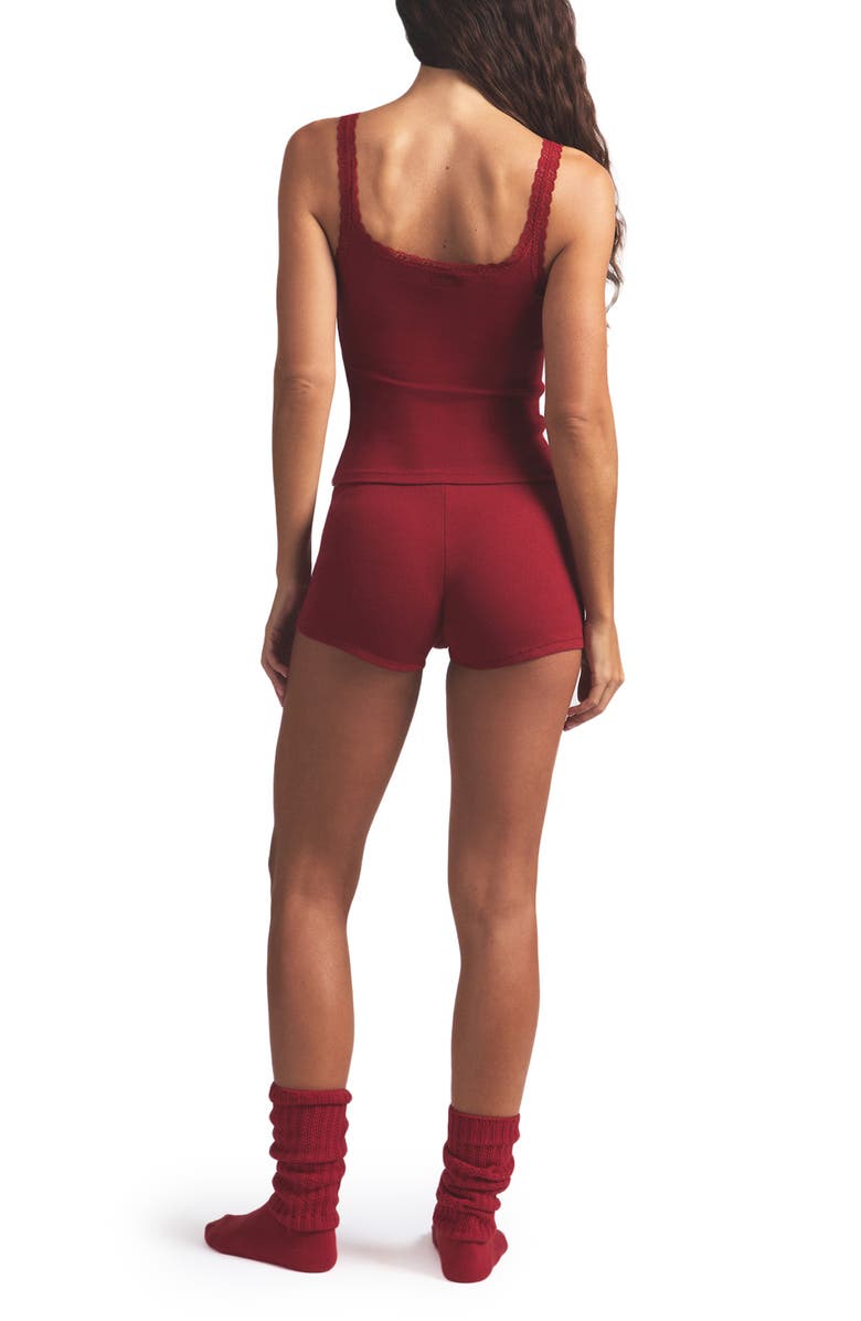 SKIMS Stretch Cotton Rib & Lace Pajamas, Alternate, color, Brick