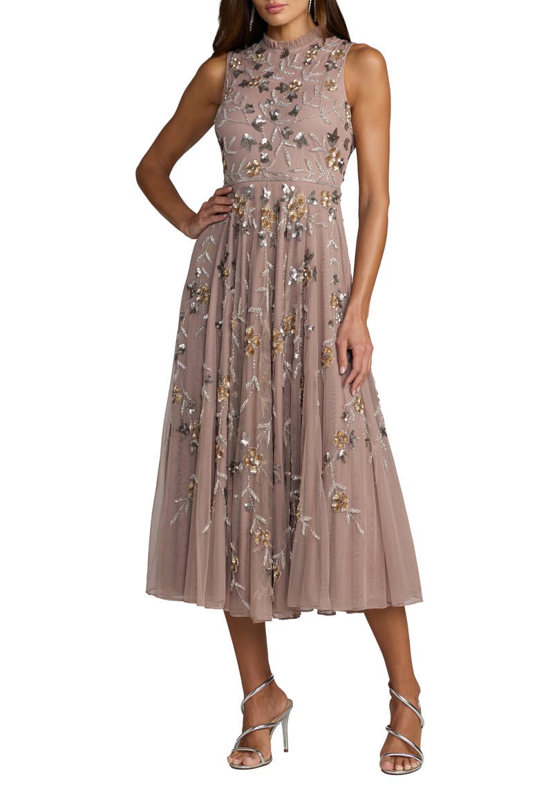 Petite Embellished High Neck Butterfly Sleeve Dress, Main, color, Taupe