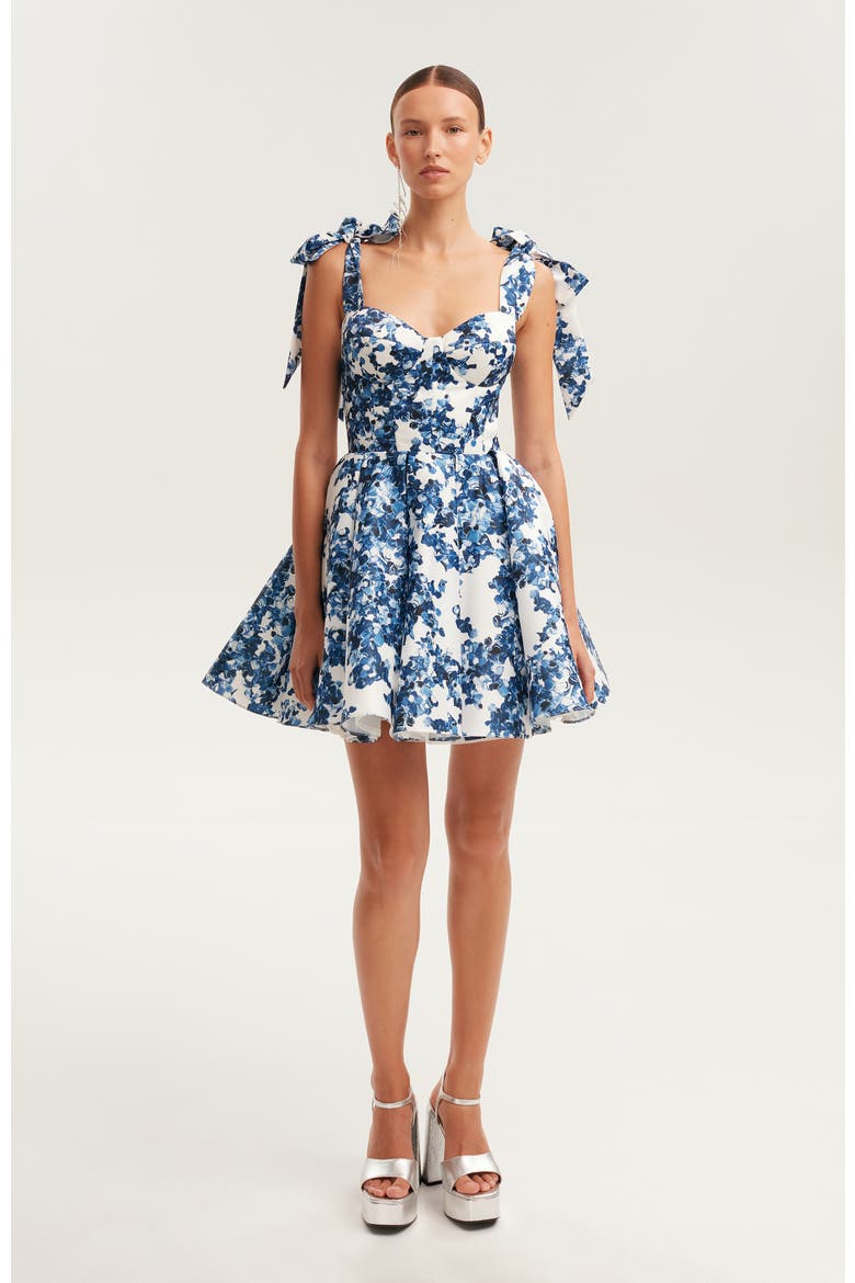 Fitted Bodice A-Line Floral Mini Dress for Cocktail Events, Main, color, Blue-Double