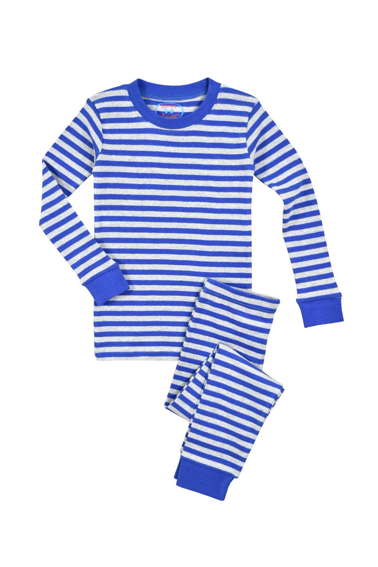 Cotton Blend Long John PJ 2-Piece Set, Main, color, Grey Navy Stripe