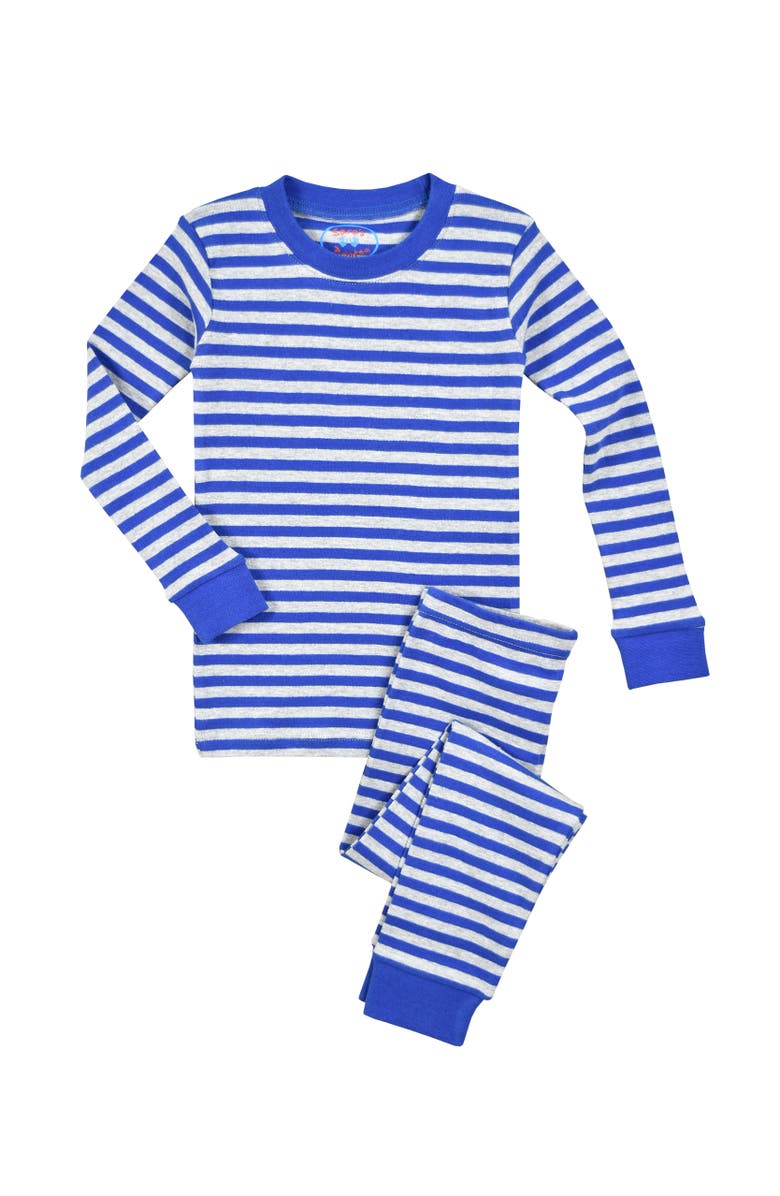 Sara’s Prints Cotton Blend Long John PJ 2-Piece Set, Main, color, Grey Navy Stripe