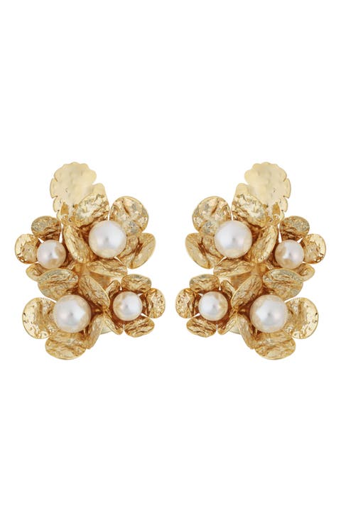 Faux Pearl Flower Cluster Earrings