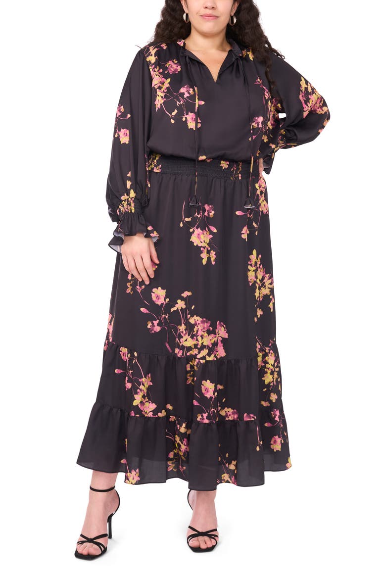 Floral Print Long Sleeve Maxi Dress, Main, color, RICH BLACK