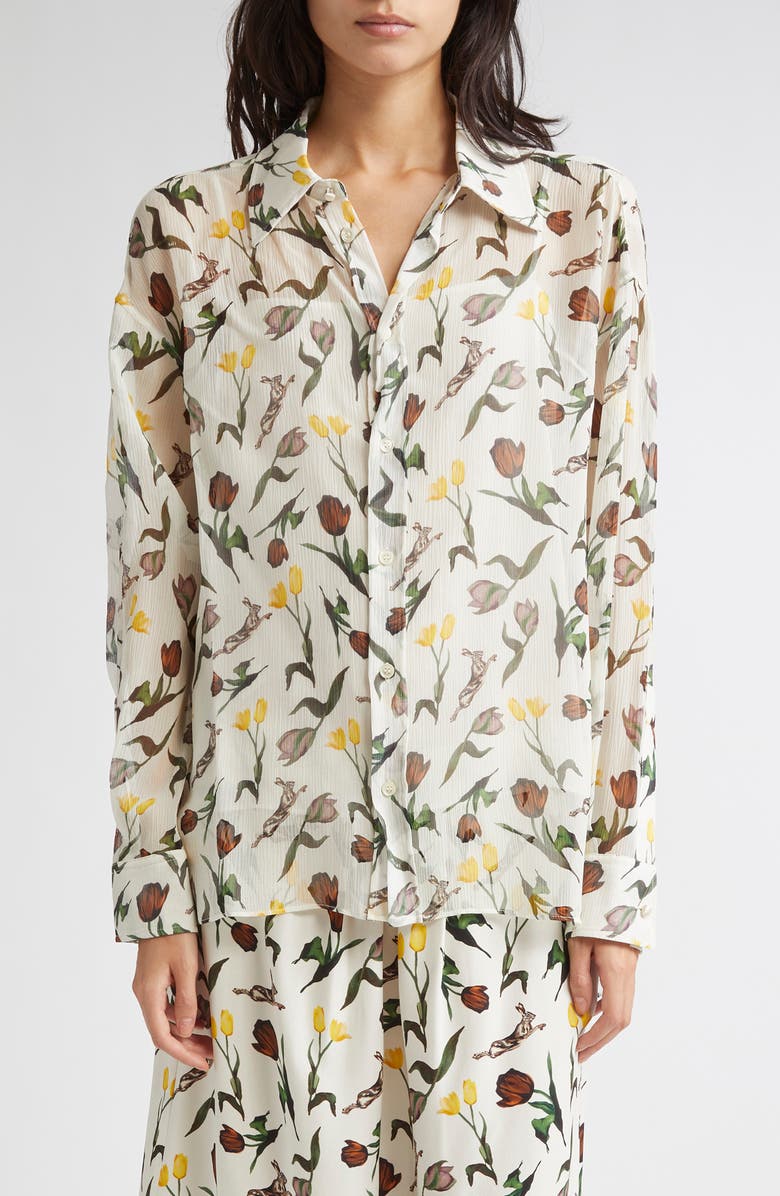 Marni Tulips & Hares Sheer Chiffon Button-Up Shirt, Main, color, Thw04 Limestone
