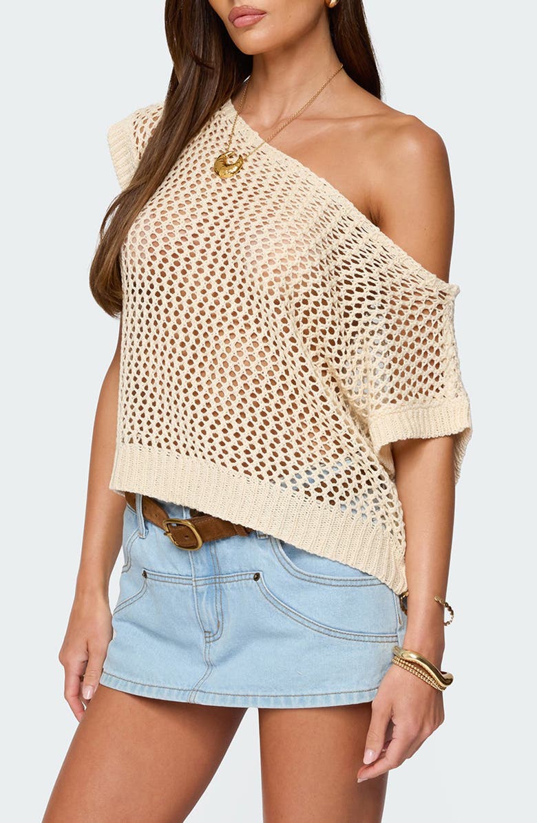 EDIKTED Open Stitch One-Shoulder Sweater, Alternate, color, Cream