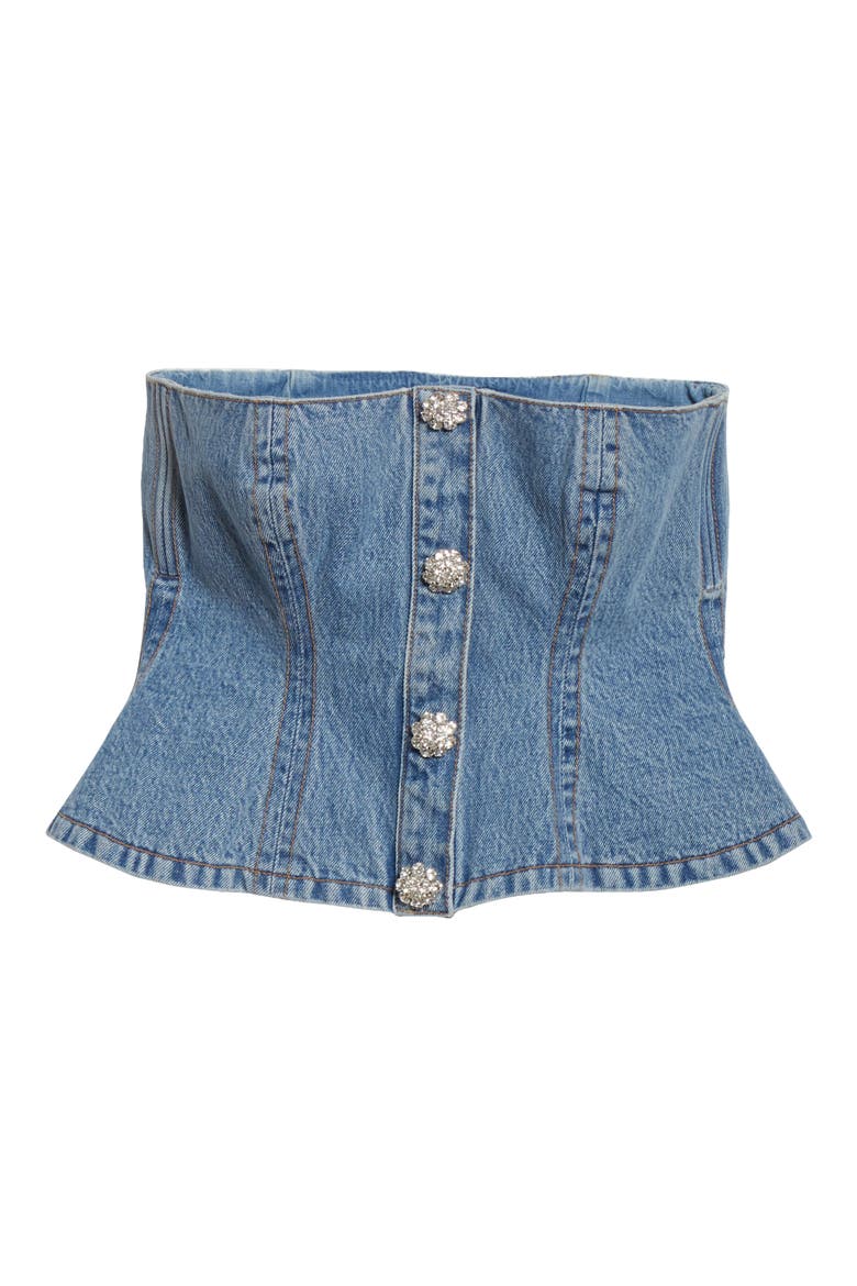 Washed Denim Strapless Peplum Top, Alternate, color, WASHED INDIGO