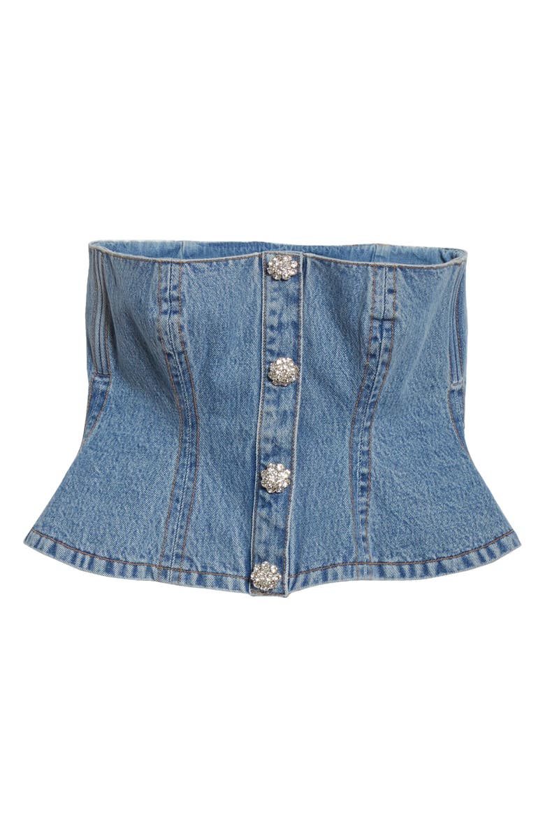 Ganni Washed Denim Strapless Peplum Top, Alternate, color, 