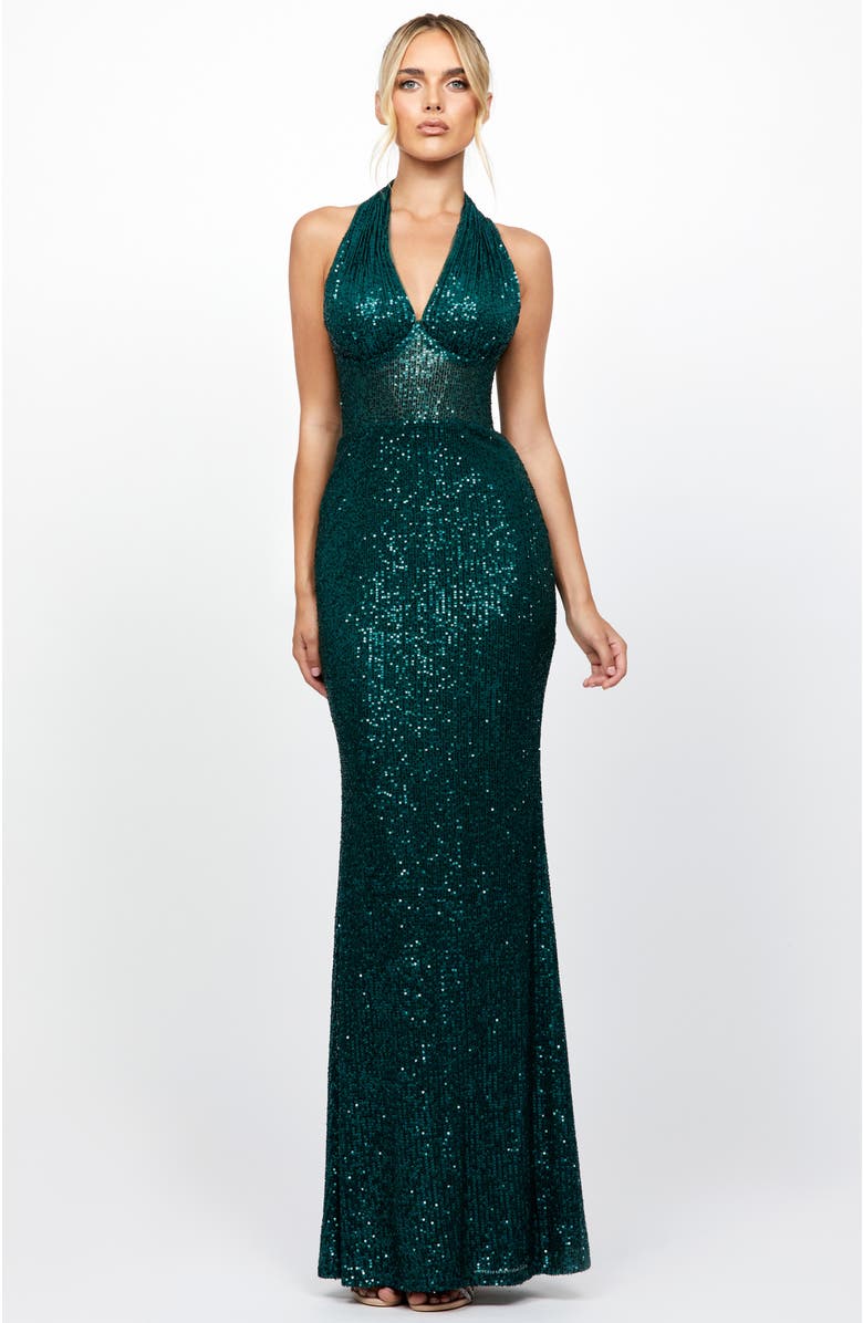 Bariano Shaylyn Sequin Halter Gown, Alternate, color, Emerald
