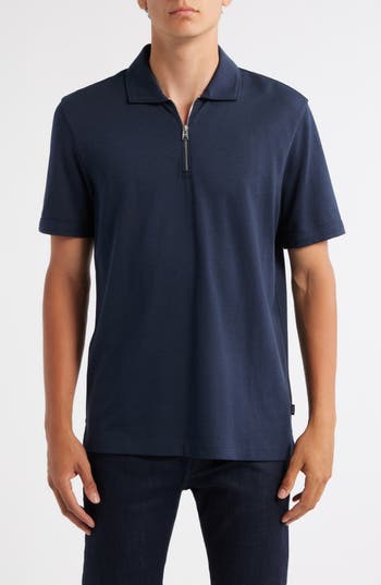 Hugo Boss Boss Paras Solid Lyocell & Cotton Zip Polo In Dark Blue