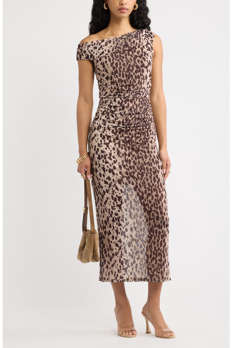 Off the Shoulder Mesh Midi Dress, Alternate, color, TAN- BROWN C LEOPARD SPOT
