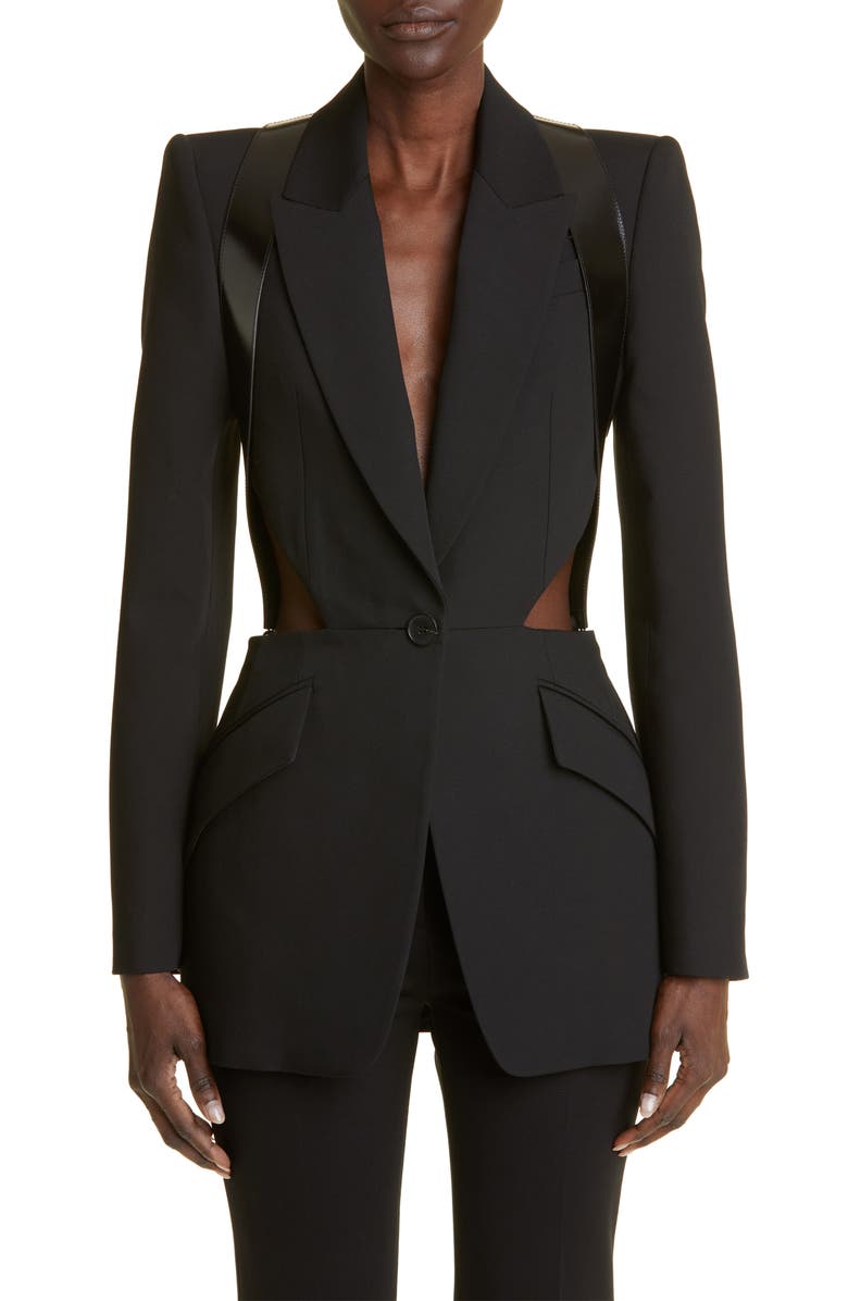McQueen Leather Harness Wool Blazer, Main, color,