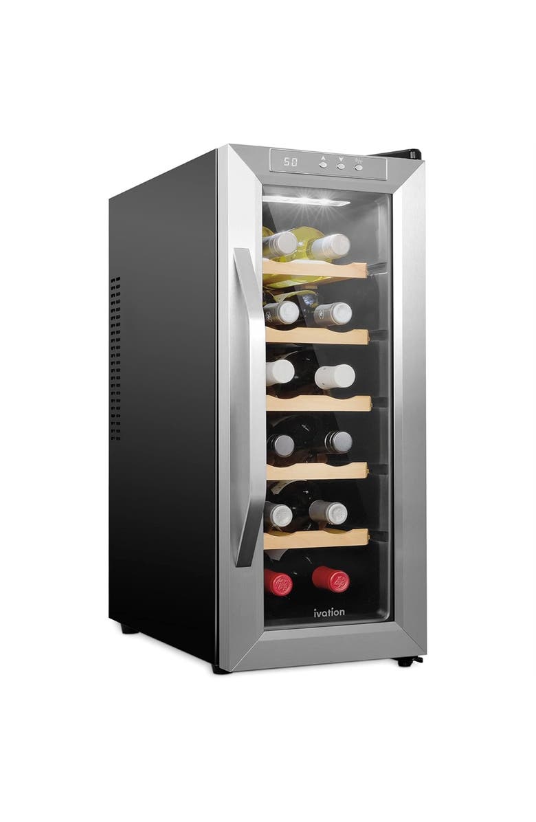 Ivation 12 Bottle Wine Fridge Freestanding Wine Cooler Refrigerator with Glass Door, Main, color, Silver