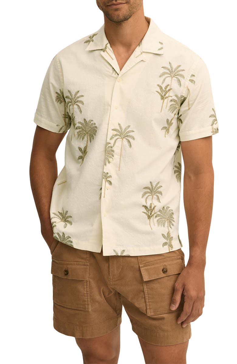 Brooks Brothers Embroidered Cotton & Linen Camp Shirt, Main, color, White Brown