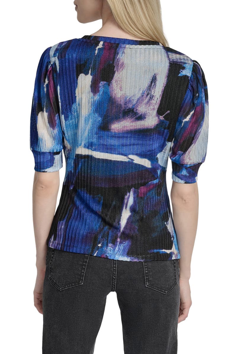 DKNY Print Ruched Puff Sleeve Top, Alternate, color, Blue Brush