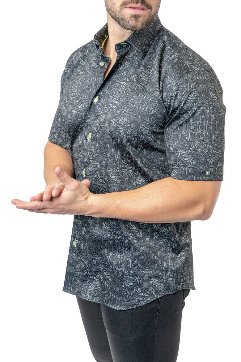 Galileo Stretchaztec Black Short Sleeve Performance Button-Up Shirt, Alternate, color, BLACK
