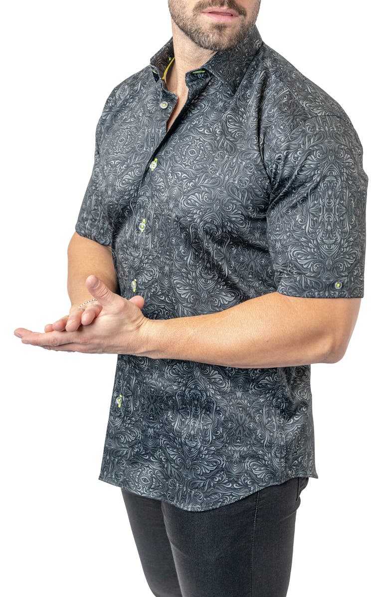 Maceoo Galileo Stretchaztec Black Short Sleeve Performance Button-Up Shirt, Alternate, color, Black