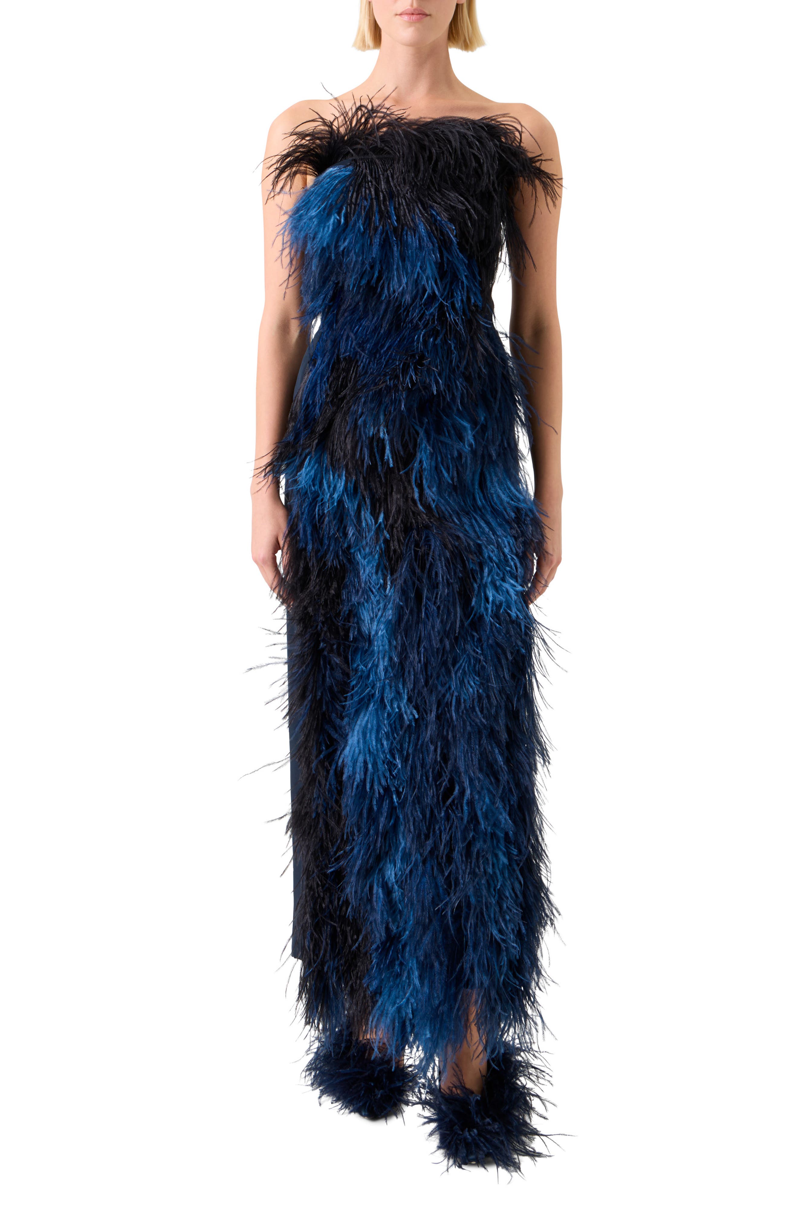 Corsage Strapless Feather Front Silk Gown