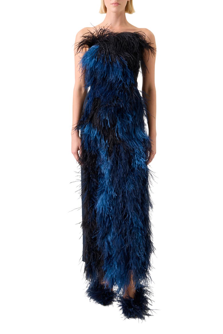 Corsage Strapless Feather Front Silk Gown, Main, color, NAVY