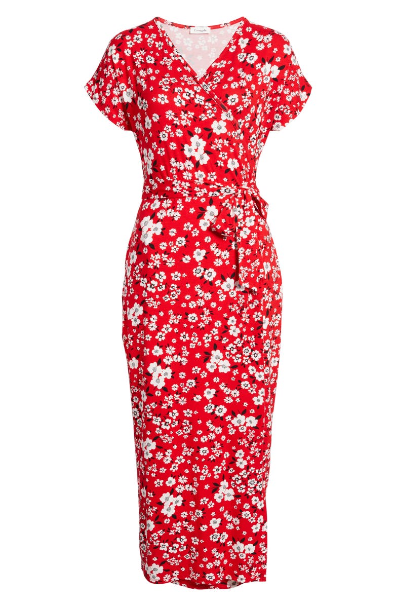 Loveappella Floral Print Faux Wrap Midi Dress, Alternate, color, Red