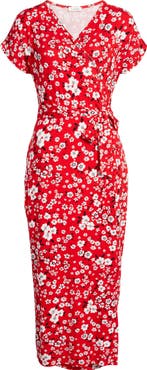 Loveappella Floral Print Faux Wrap Midi Dress