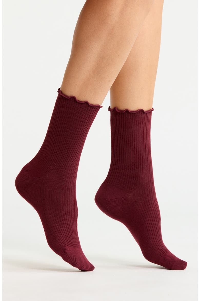 Lettuce Edge Quarter Crew Socks, Main, color, BURGUNDY TANNIN