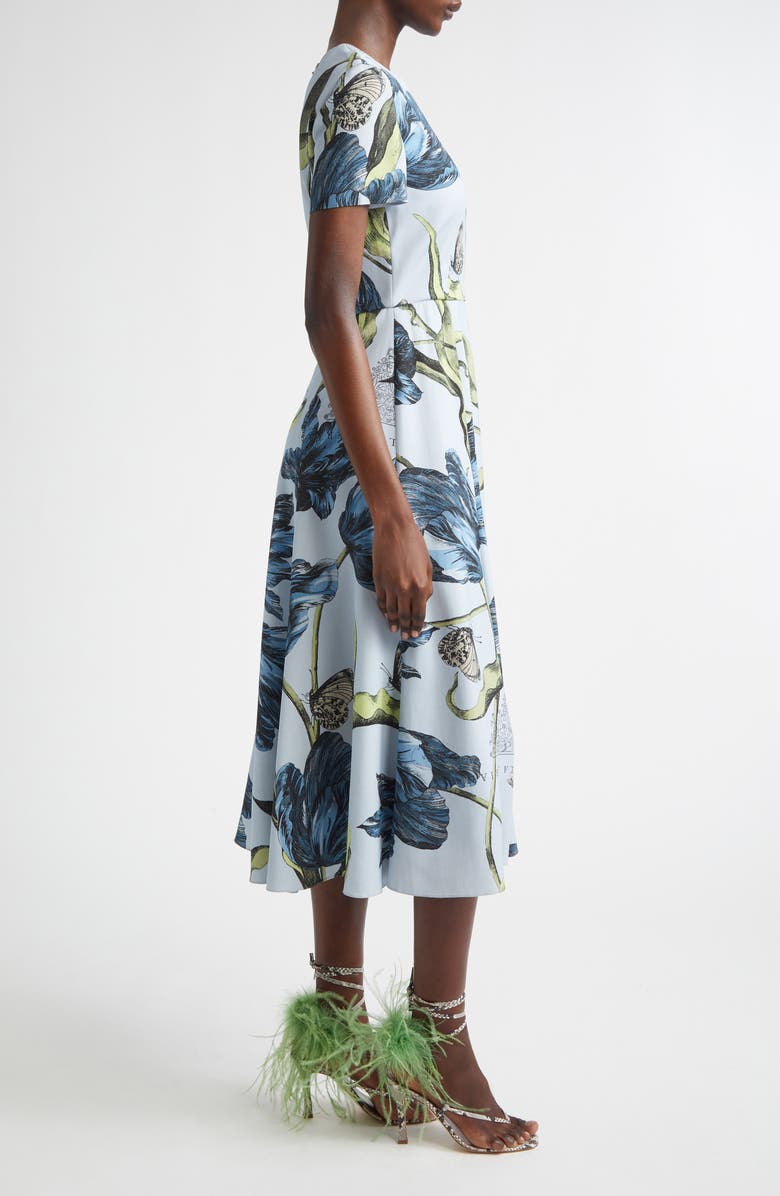 Erdem Etched Tulip Print Stretch Cady A-Line Midi Dress, Alternate, color, Etched Tulip Powder Blue