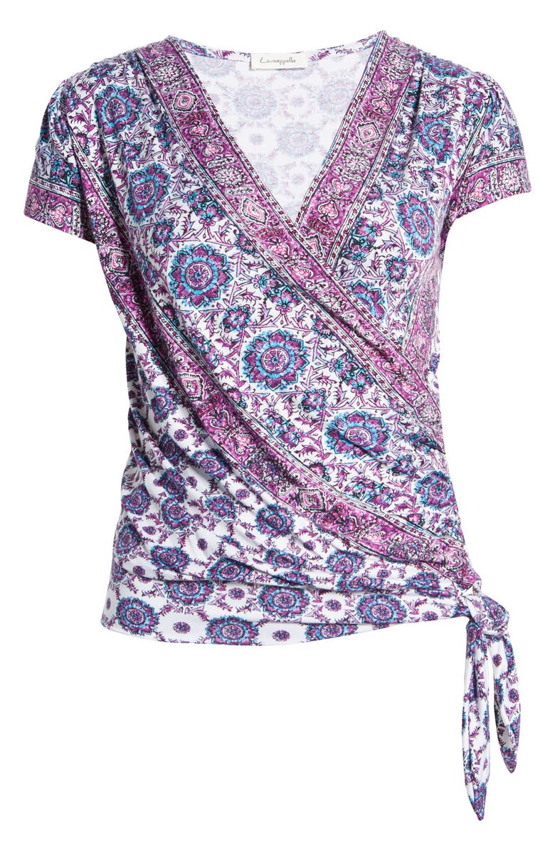 Loveappella Border Print Faux Wrap Top, Alternate, color,