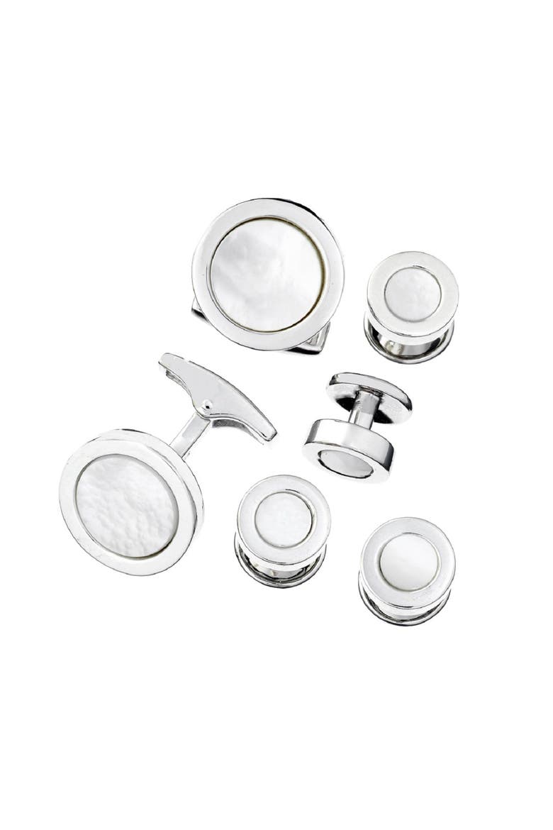 Round Gemstone Inlay Sterling Cufflinks & Studs, Main, color, WHITE