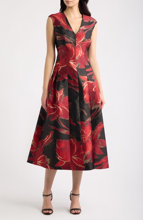 Floral Metallic V-Neck Midi Dress