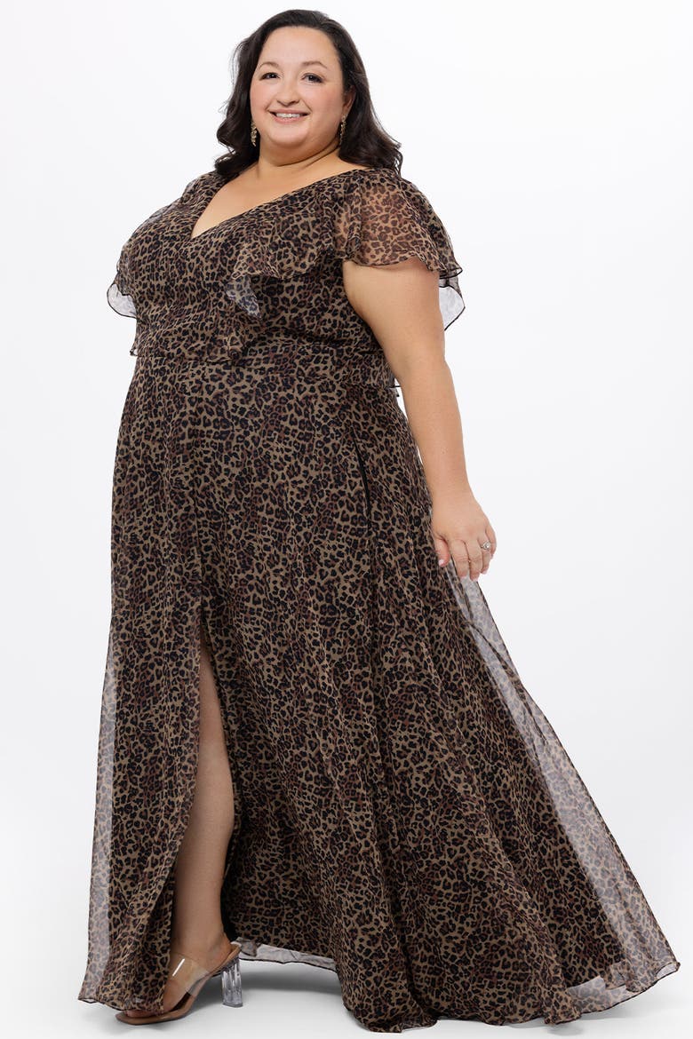 Short Sleeve V-Neck Plus Size Animal Print Dress with Slit, Alternate, color, Animal Print