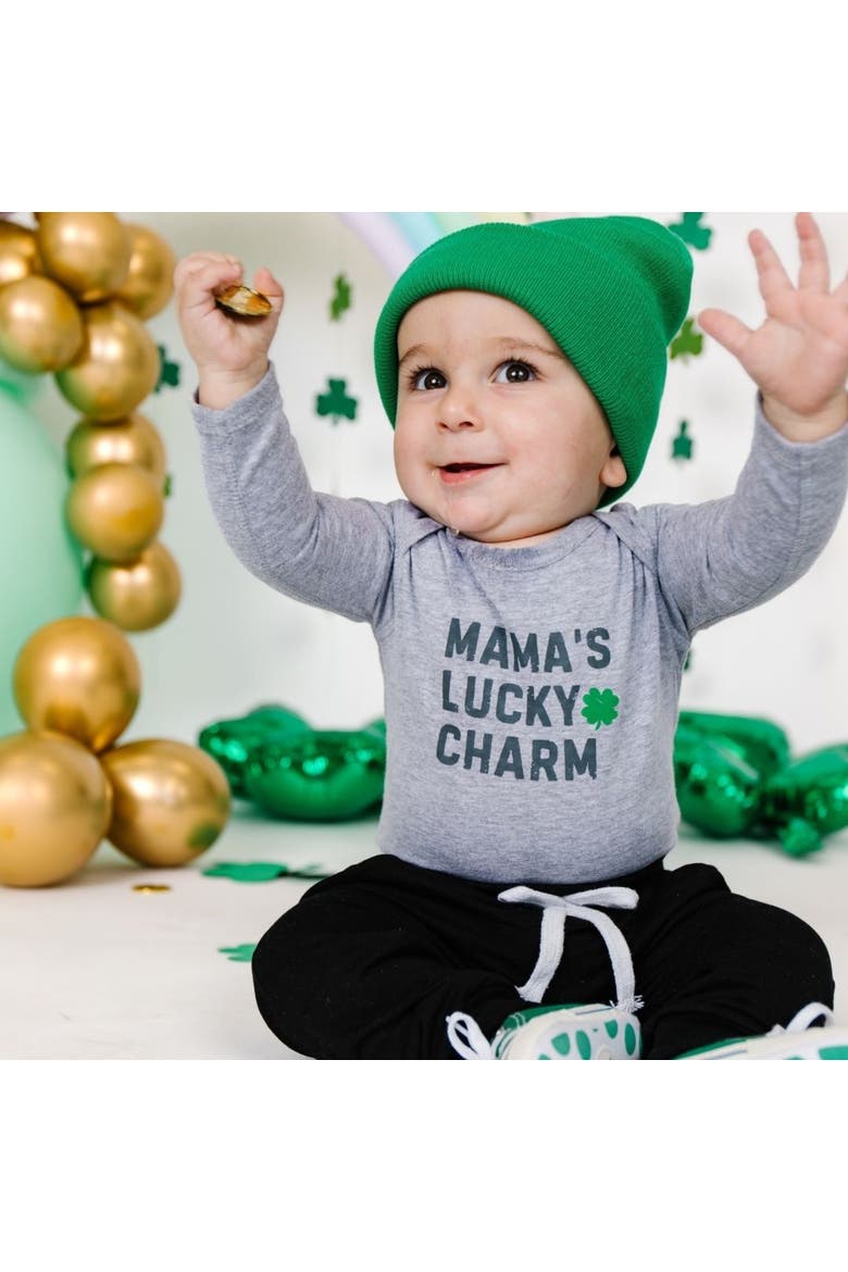 Mama's Lucky Charm St. Patrick's Day Long Sleeve Bodysuit, Alternate, color, Grey